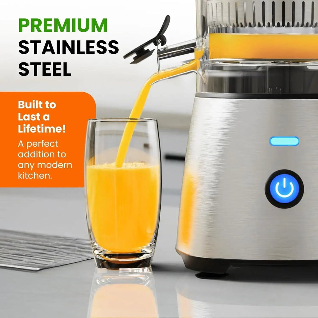 Electric Citrus Juicer Stainless Steel | Hands-Free One-Touch Orange Juice Squeezer for Oranges, Lemons, and Limes | Quiet Opera